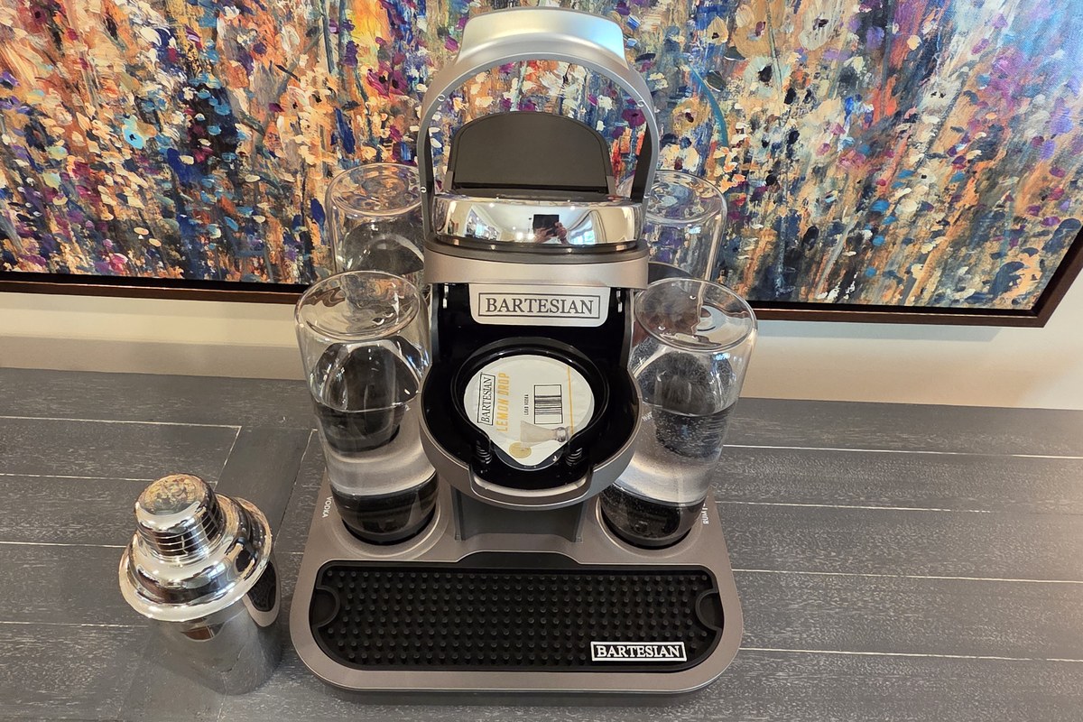 The Bartesian machine with the Lemon Drop capsule loaded in the chamber, ready to brew