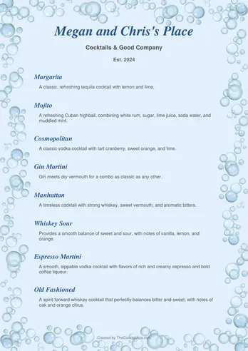 Bubbles and Blue menu sample