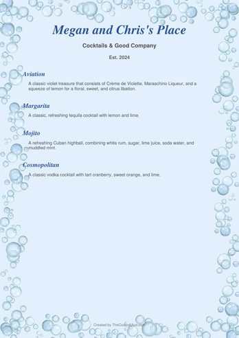 Bubbles and Blue menu sample