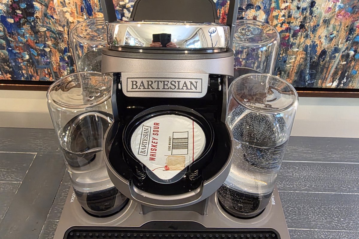 Bartesian Whiskey Sour capsule loaded in the Bartesian Premier machine, ready to brew, with the Whiskey Sour label facing out